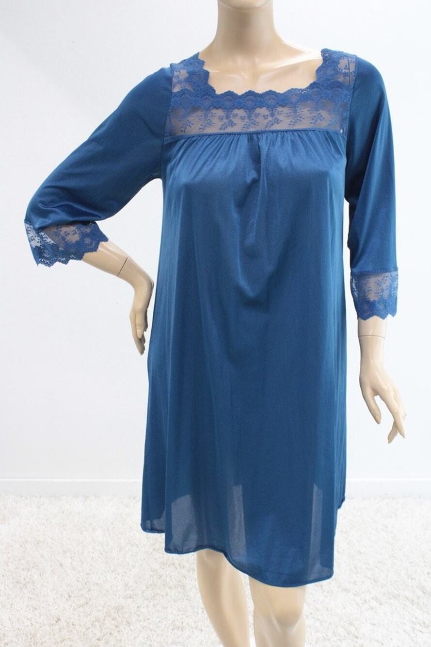 Vtg Deena Nylon Nightgown Blue Lace Illusion Neckline 3/4 Sleeve Lingerie Small